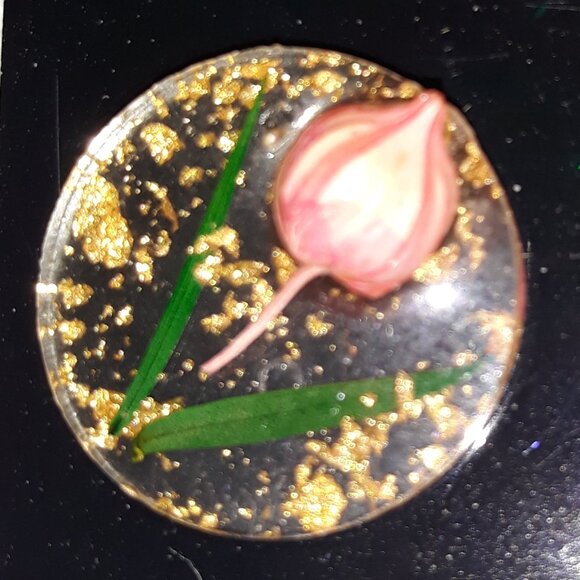 Floral Tulip Flower Glitter Stud Button Earrings on Gold leaf in Acrylic - Picture 2 of 5